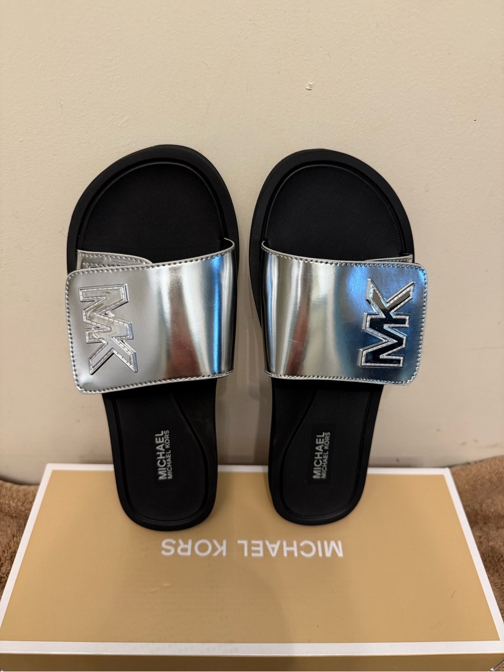 Michael Kors Silver and Black MK Slide Sandals